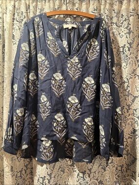 LOFT Navy Floral Button-Front Blouse with Cream & Green Accents Size Medium